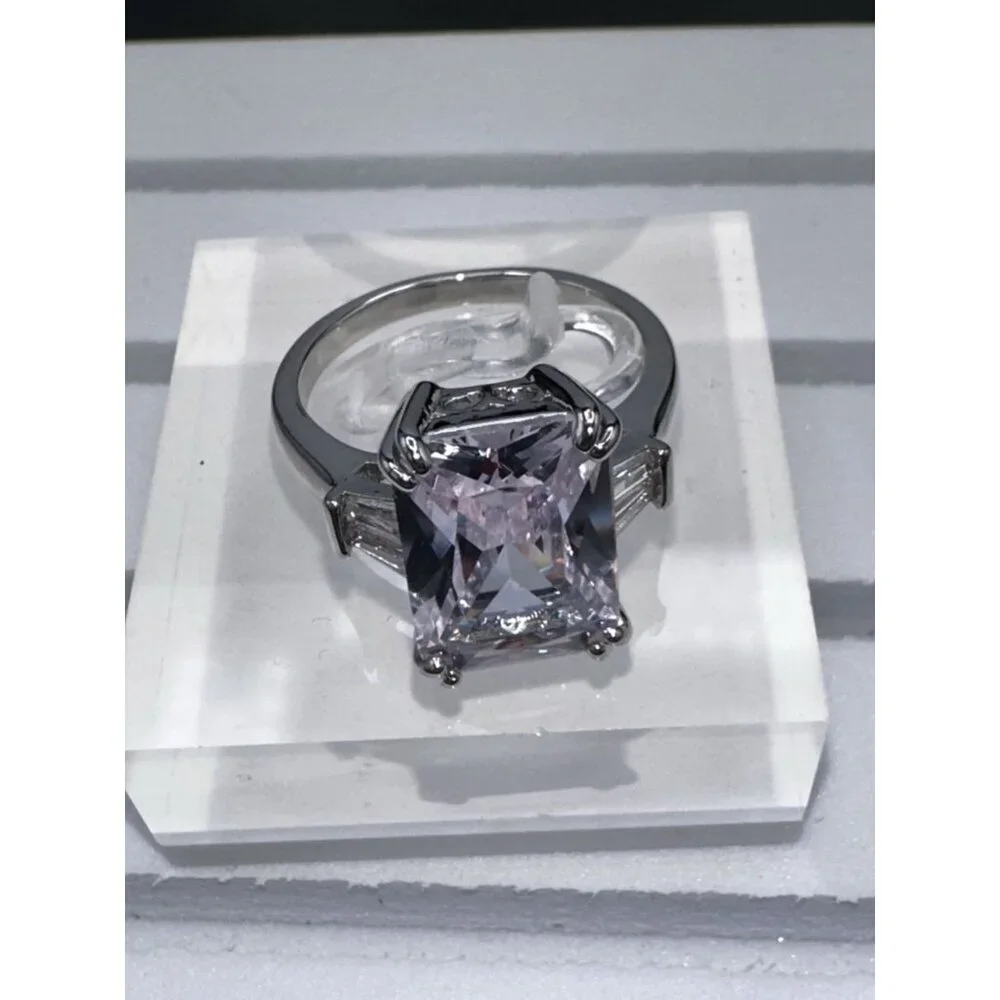 Silver Plated Cubic Zirconia Princess Cut Ring Size 7 - Picture 3 of 9